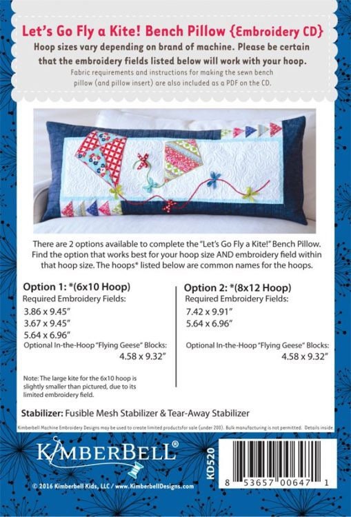 Kimberbell Let’s Fly a Kite Bench Pillow Collection (Optional Machine Embroidery CD or Sewing Version)