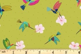 Lewis & Irene Hibiscus Hummingbird Fabric Collection Scattered Hummingbirds on Tropical Green A597.2
