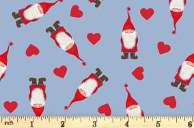 Lewis & Irene Digital Print Tomten's Village Fabric Collection Tomten and Hearts on Blue Authentic Premium 100% Cotton Fabrics