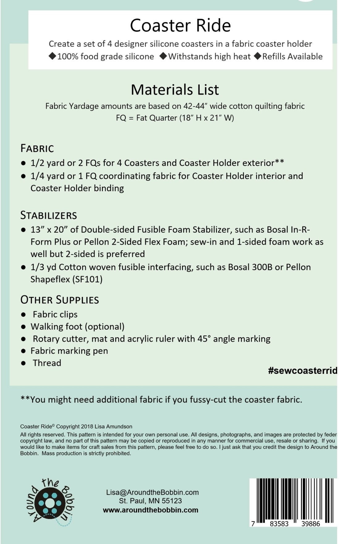 Around The Bobbin Coaster Ride Drink Coaster Pattern (Includes 4 Silicone Inserts)