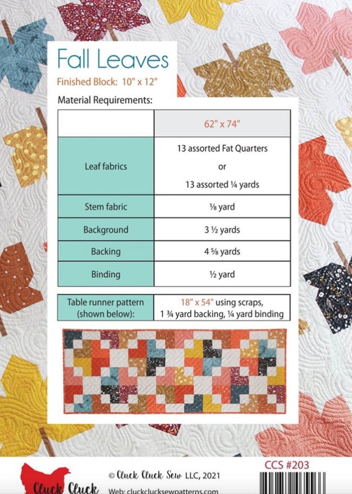 Cluck Cluck Sew Fall Leaves Quilt Pattern Finished Size: 62"x74"