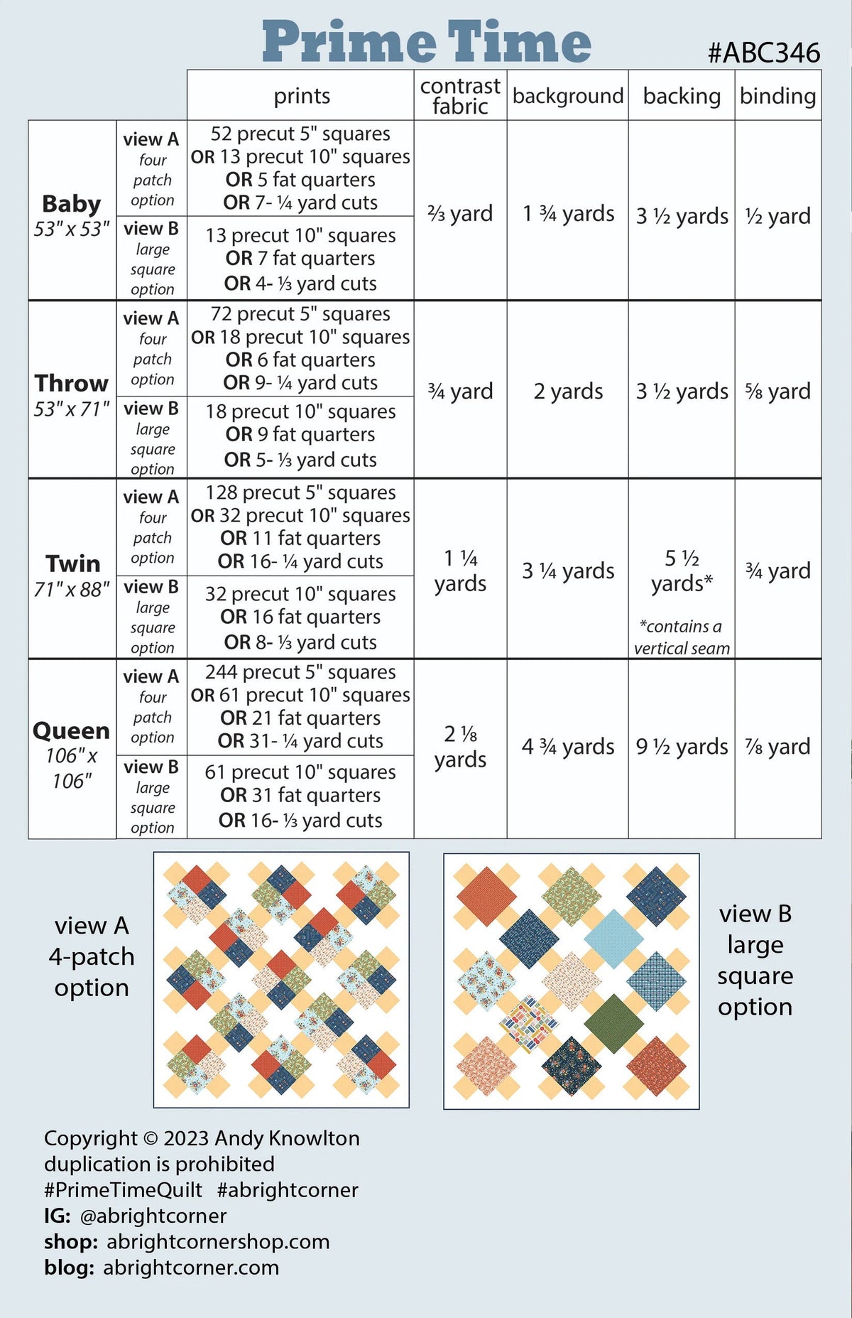 A Bright Corner Prime Time Quilt Pattern - 4 Size Variations Per Pattern