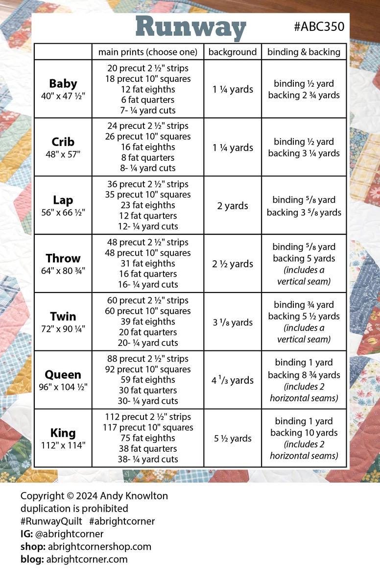 A Bright Corner Runway Quilt Pattern - 7 Size Variations Per Pattern ABC350