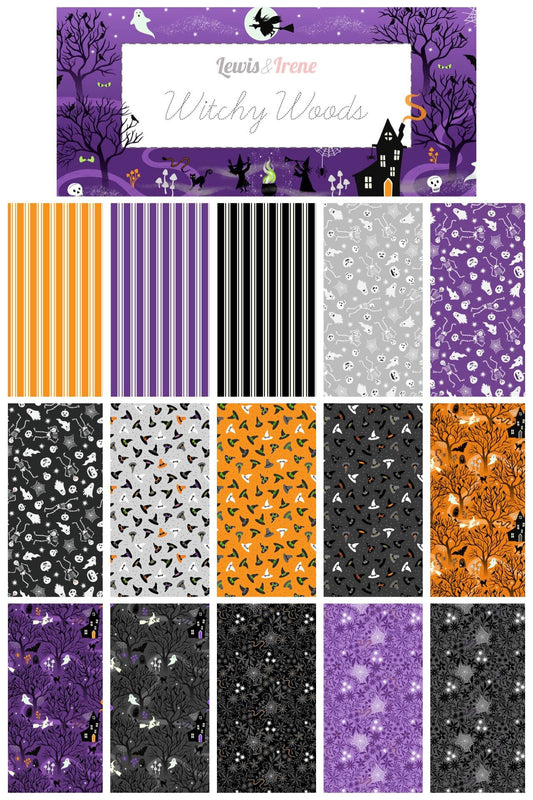 Glow-In-The-Dark Lewis & Irene Witchy Woods Fabric Collection Witches Hats on Dark Gray Authentic Premium 100% Cotton Fabrics