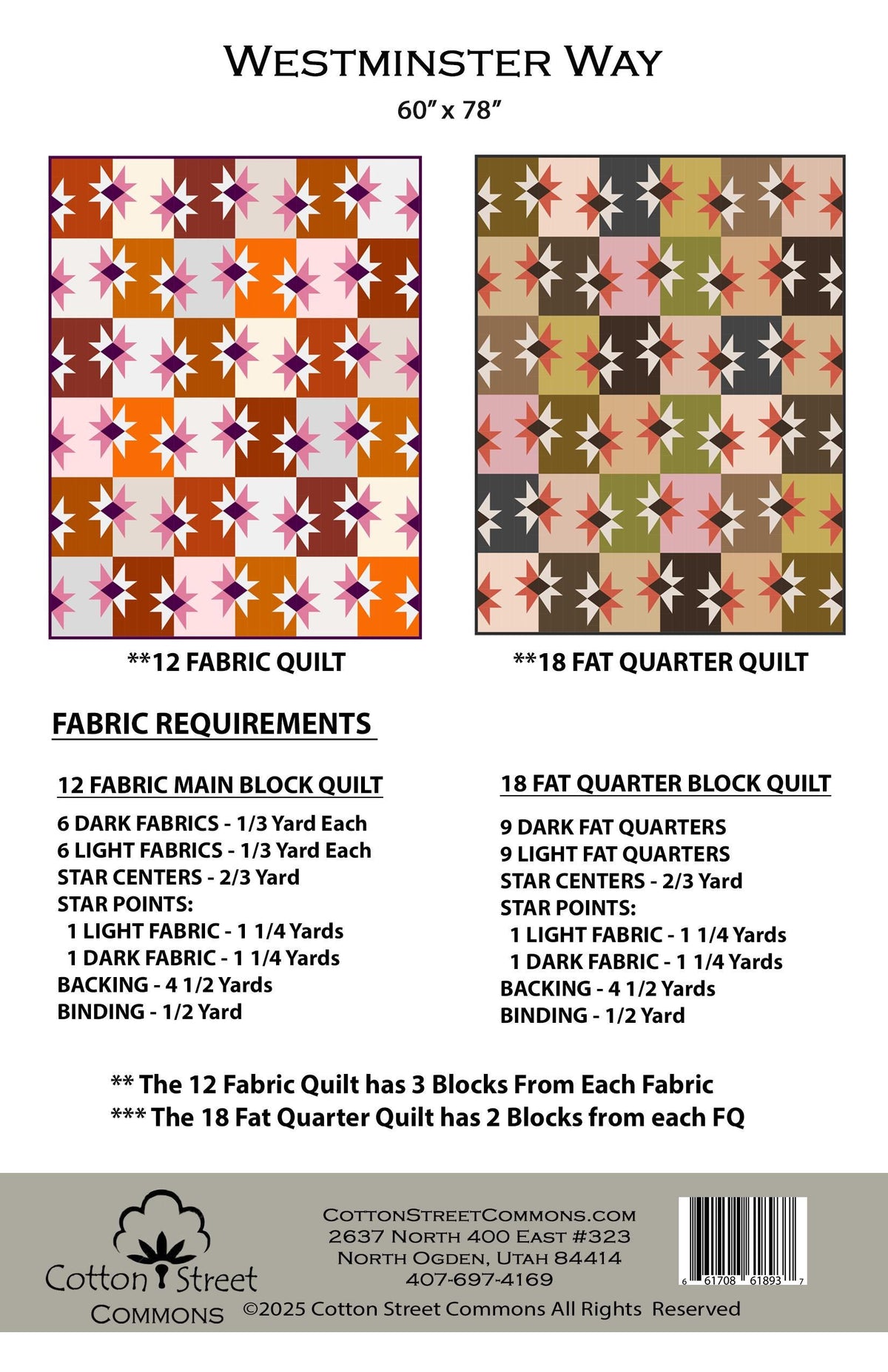 PDF Cotton Street Commons Westminster Way Quilt Pattern #262 Finished Size: 60"x78"
