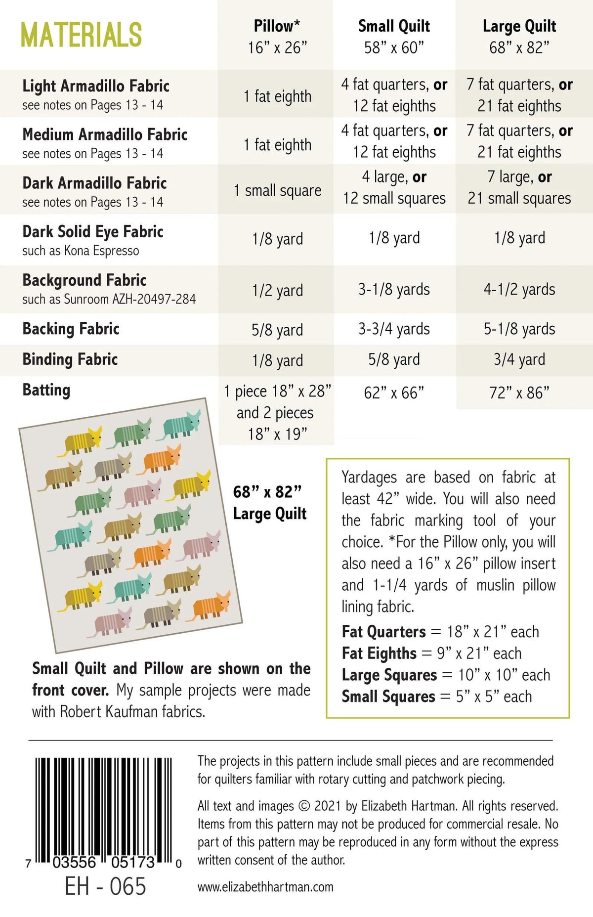 Elizabeth Hartman Armadillos Pattern - 3 Size Variations Per Pattern