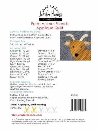 Jennifer Heynen Creative Co Farm Animal Friends Applique Quilt Pattern PT-5661 Finished Size: 36"x48"