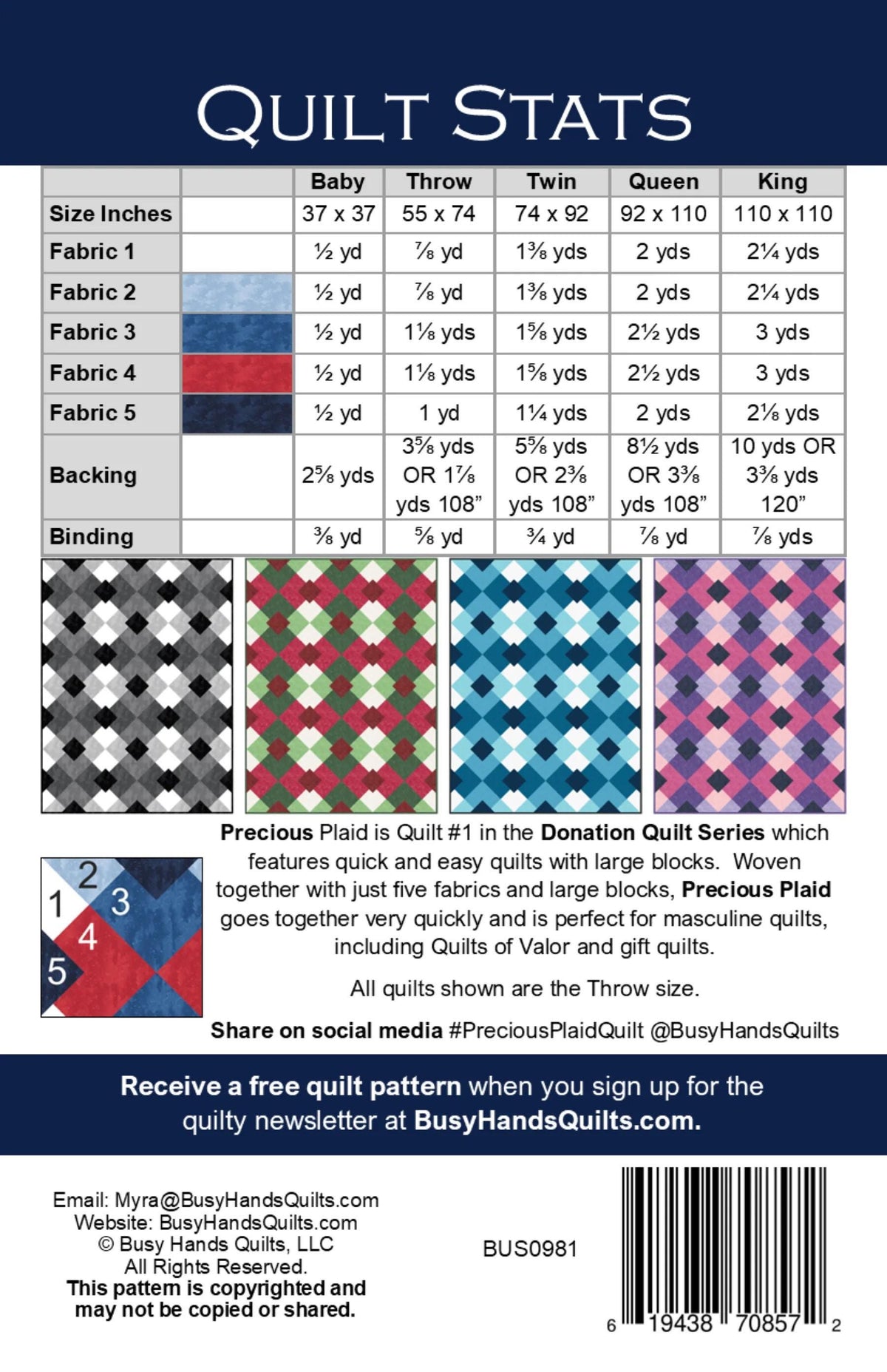 Busy Hands Quilts Precious Plaid Quilt Pattern - 5 Size Variations Per Pattern
