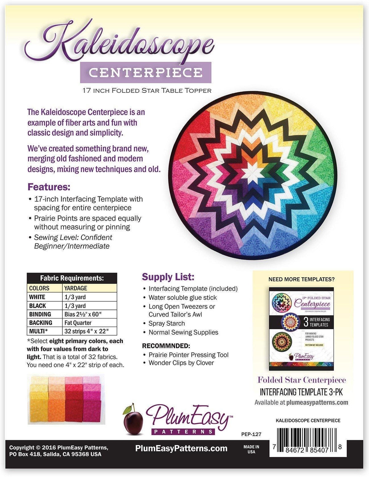 Plum Easy Patterns Kaleidoscope Centerpiece 17" Folded Star Table Topper Pattern PEP-127