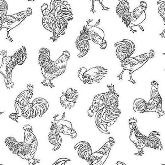 Henry Glass Farm Raised Fabric Collection Line Work Roosters on White Authentic Premium 100% Quilt Shop Quality Fabrics