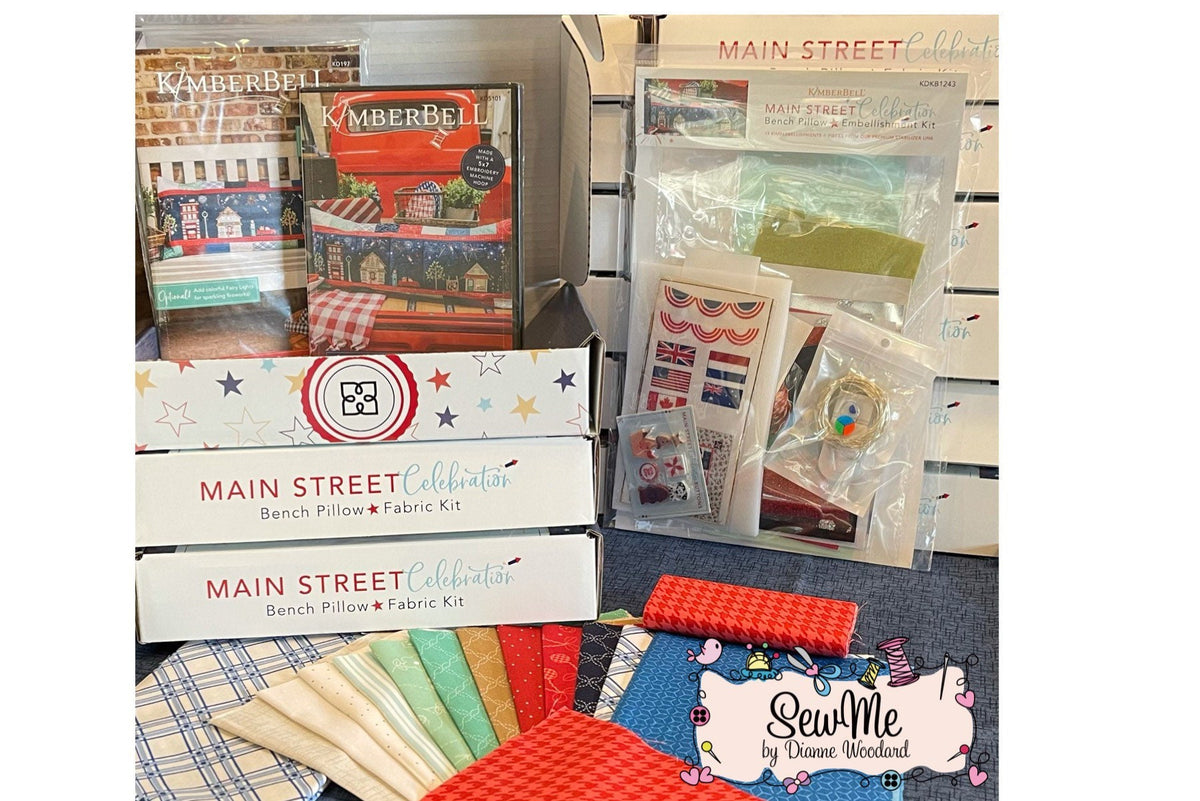 Kimberbell Main Street Celebrations Bench Pillow Collection (Opt. M.E.CD, Fabric/Backing, Embellishments, & Thread Set)