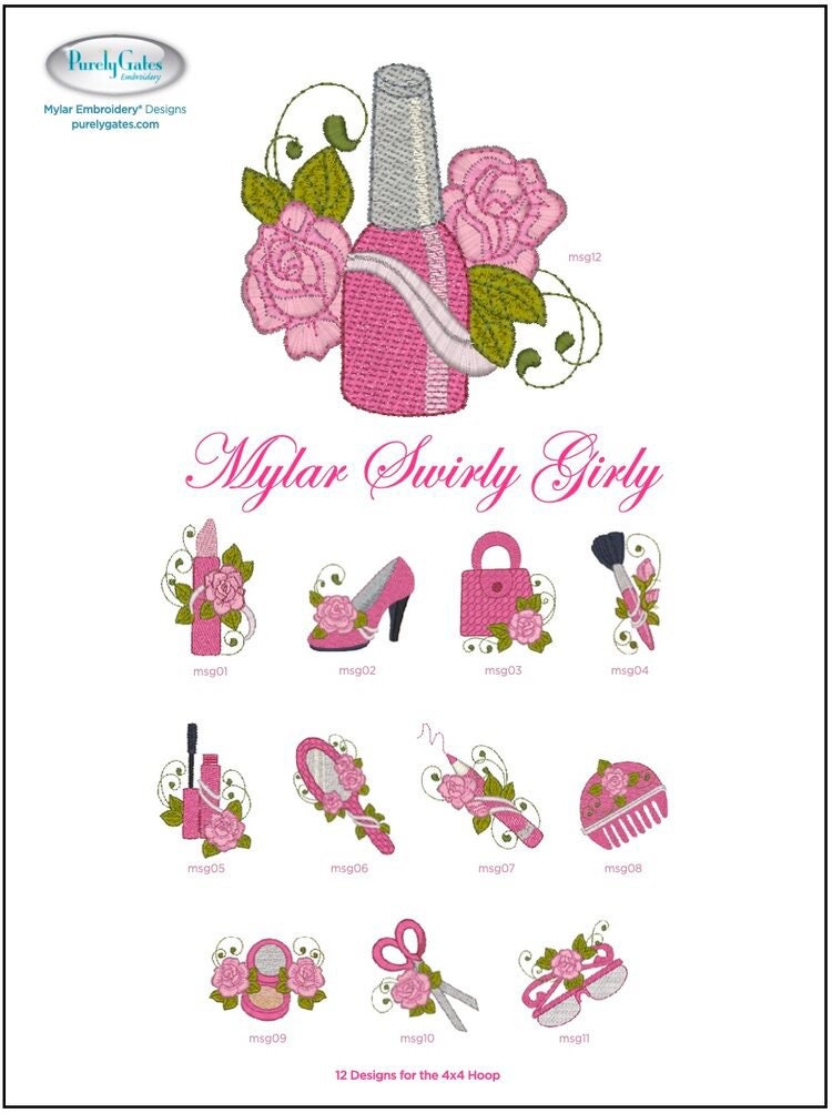 Purely Gates Mylar Swirly Girly 12 Design Machine Embroidery CD w/Mylar Sheet (Uses 4”x4” Hoop)