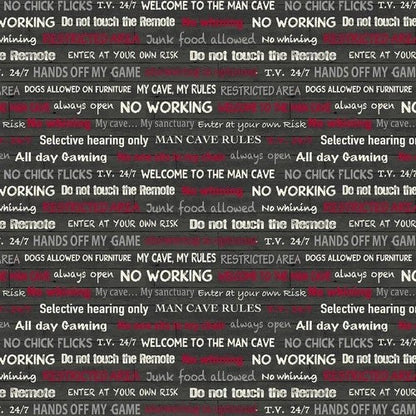 END OF BOLT 15" Windham Fabrics “Man Cave” Fabric Collection Man Cave Rules on Dark Gray