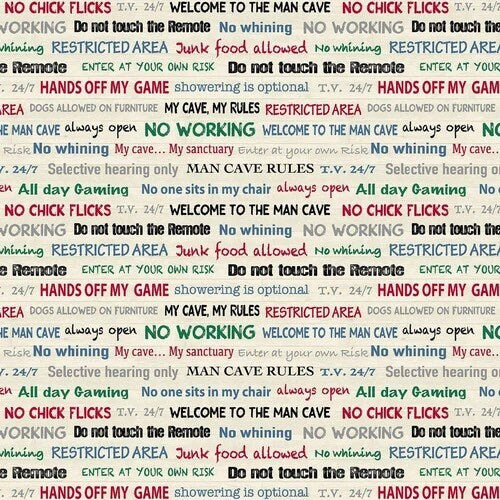 END OF BOLT 13" Windham Fabrics “Man Cave” Fabric Collection Man Cave Rules on Cream Premium 100% Cotton