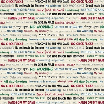 END OF BOLT 13" Windham Fabrics “Man Cave” Fabric Collection Man Cave Rules on Cream Premium 100% Cotton