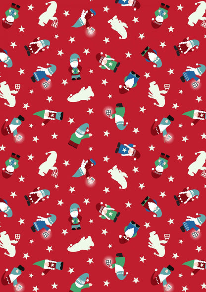 LAST BOLT! Glow-In-The-Dark Lewis & Irene Hygge Glow Fabric Collection Glowing Mini Tomte on Red Authentic Premium 100% Cotton Fabrics