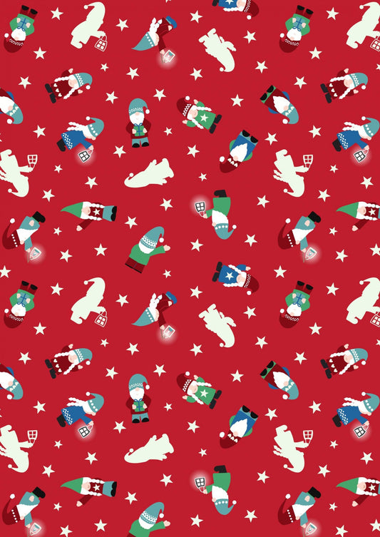LAST BOLT! Glow-In-The-Dark Lewis & Irene Hygge Glow Fabric Collection Glowing Mini Tomte on Red Authentic Premium 100% Cotton Fabrics