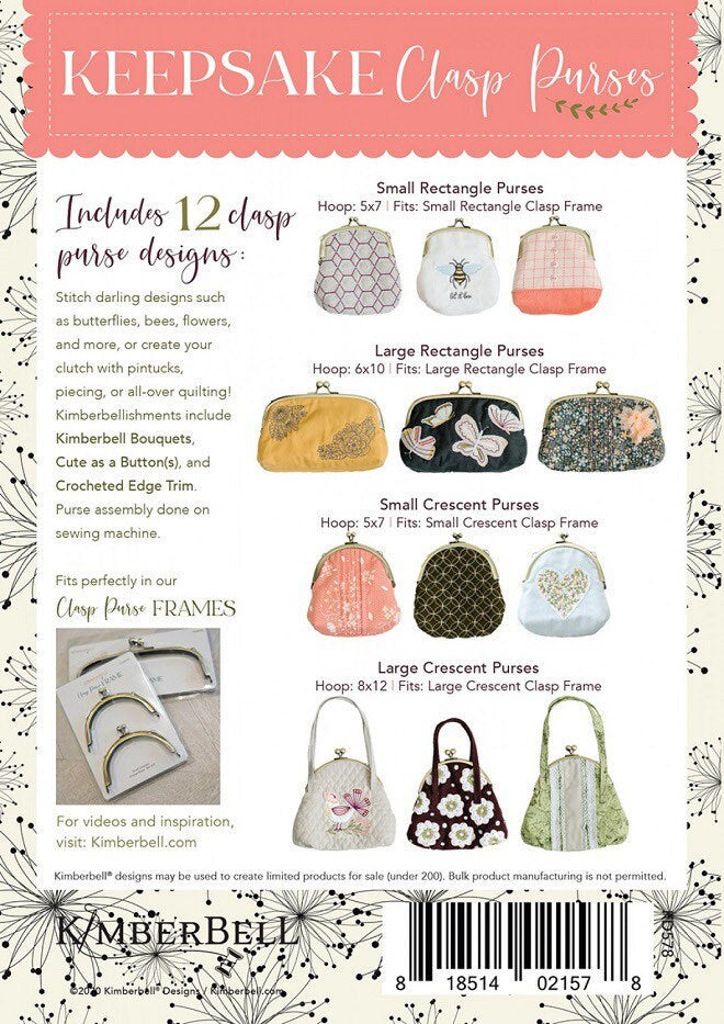 Kimberbell Keepsake Clasp Purses Machine Embroidery CD (Optional Vintage Brass Frame Available)