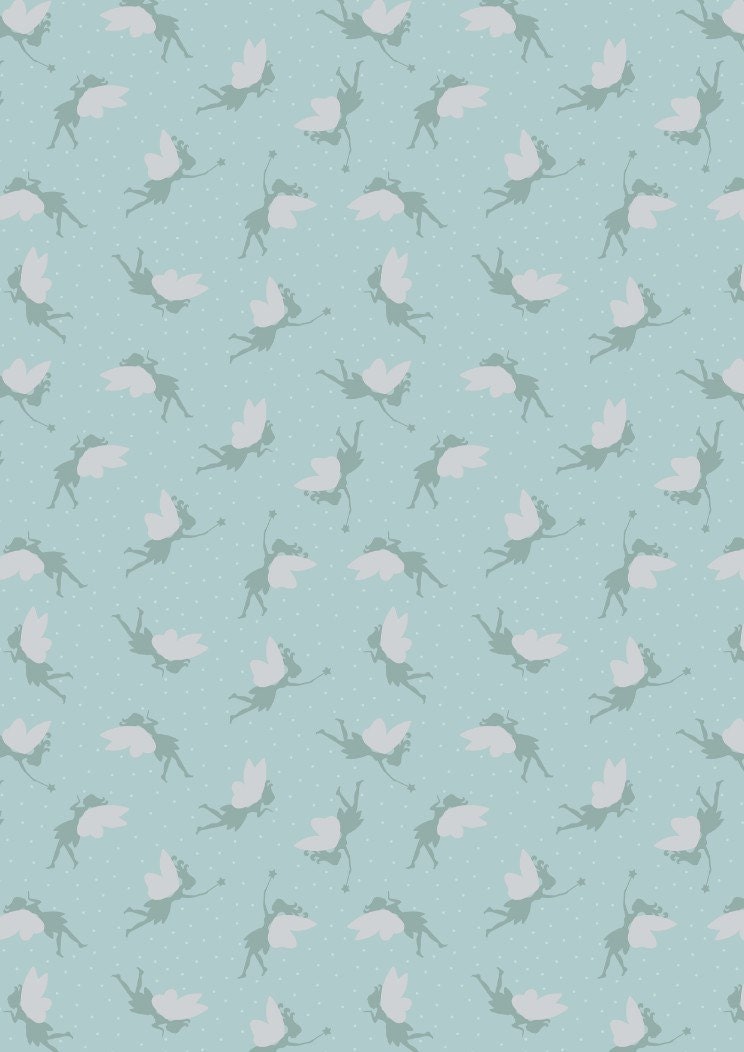 Lewis & Irene Small Things Mystical and Magical Fabric Collection Silver Metallic Fairies on Duck Egg Blue Premium 100% Cotton