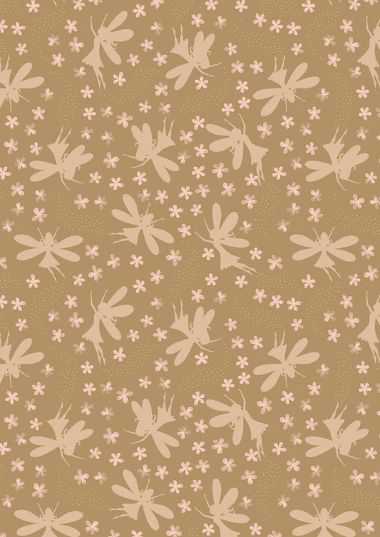 Lewis & Irene Fairy Clocks Fabric Collection Gold Metallic Floral Fairies on Deep Gold A507.3