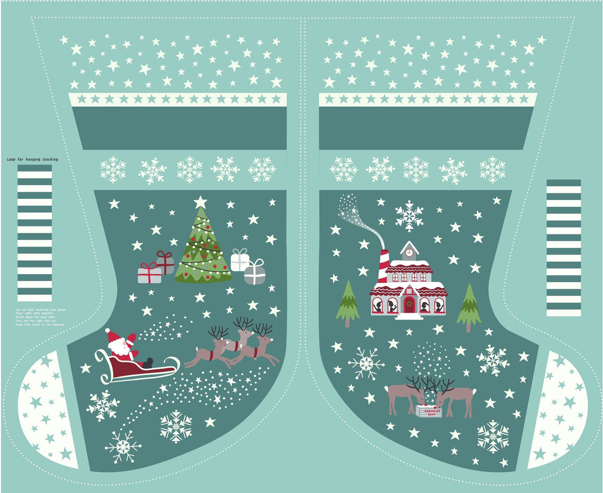 Lewis & Irene Christmas Glow Fabric Collection 36"Stocking Panel and 18" Lettering Panel on Blue/Grey