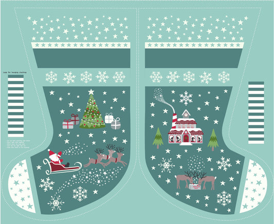 Lewis & Irene Christmas Glow Fabric Collection 36"Stocking Panel and 18" Lettering Panel on Blue/Grey