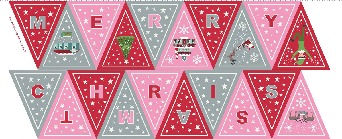 Lewis & Irene Christmas Glow Fabric Collection 18"x43" Merry Christmas Bunting Panel on Grey/Pink