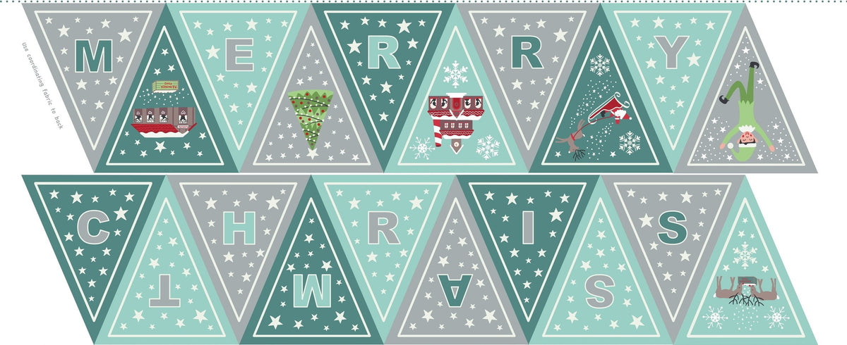 Lewis & Irene Christmas Glow Fabric Collection 18"x43" Merry Christmas Bunting Panel on Blue/Grey