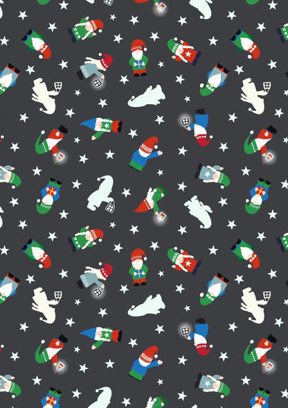 LAST BOLT! Glow-In-The-Dark Lewis & Irene Hygge Glow Fabric Collection Glowing Mini Tomte on Charcoal Authentic Premium 100% Cotton Fabrics