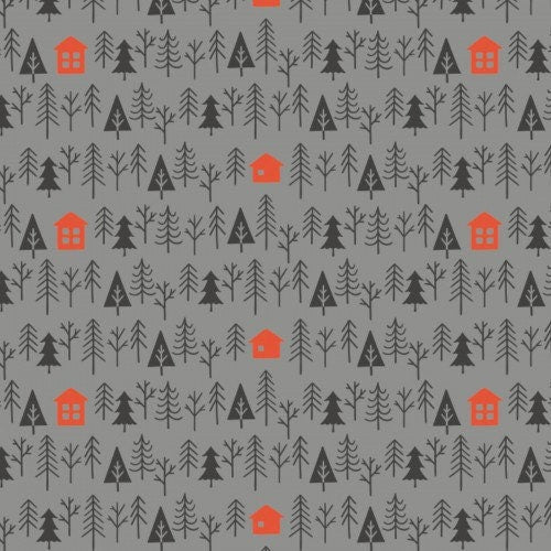Camelot Reindeer Lodge Fabric Collection Cabin in the Woods on Charcoal