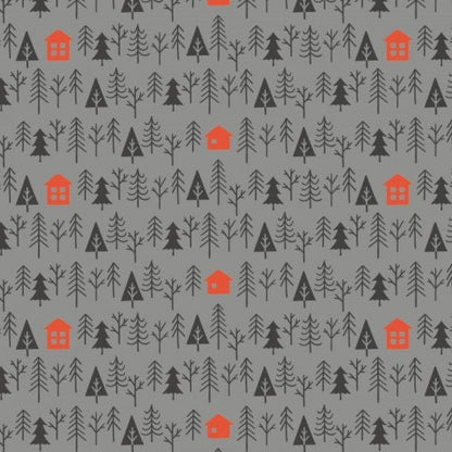 Camelot Reindeer Lodge Fabric Collection Cabin in the Woods on Charcoal
