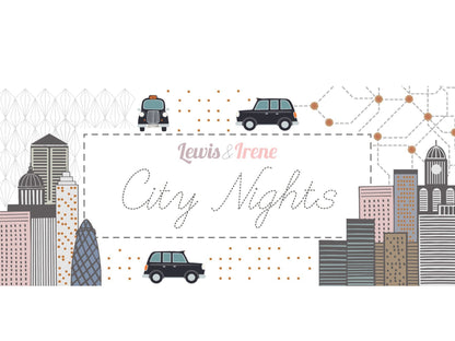 Lewis & Irene City Nights Fabric Collection City Buildings on Copper A291.2