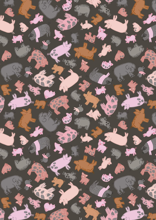 Lewis & Irene Piggy Tails Fabric Collection Piggies on Dark Mud Premium 100% Cotton Quilt Shop Quality Fabrics
