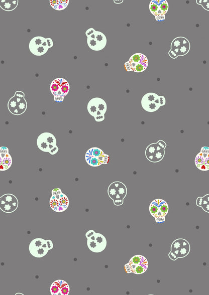 Lewis & Irene Small Things Glow Fabric Collection Glowing Sugar Skulls on Grey Premium 100% Cotton Fabrics
