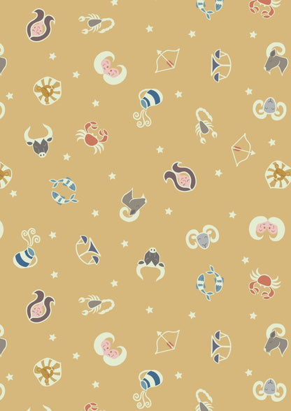 Lewis & Irene Small Things Glow Fabric Collection Glowing Star Signs on Mellow Ochre Premium 100% Cotton Fabrics
