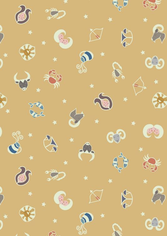Lewis & Irene Small Things Glow Fabric Collection Glowing Star Signs on Mellow Ochre Premium 100% Cotton Fabrics