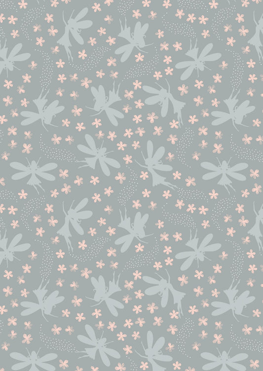Lewis & Irene Fairy Clocks Fabric Collection Silver Metallic Floral Fairies on Light Grey A507.2