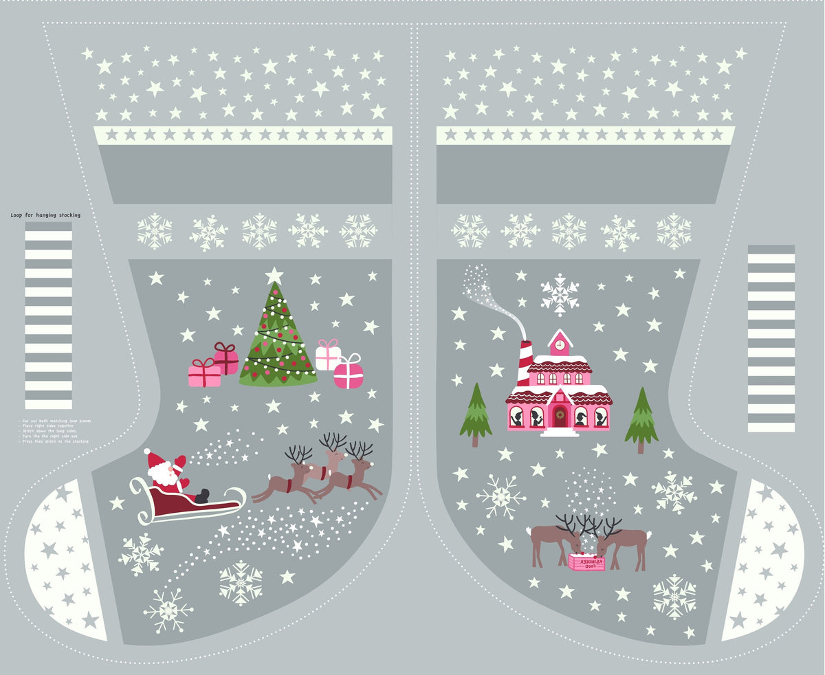 Lewis & Irene Christmas Glow Fabric Collection 36"Stocking Panel and 18" Lettering Panel on Grey/Pink