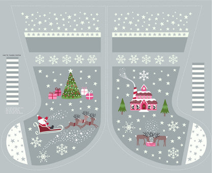 Lewis & Irene Christmas Glow Fabric Collection 36"Stocking Panel and 18" Lettering Panel on Grey/Pink