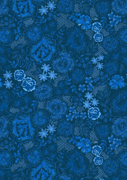 Lewis & Irene Tea Time Fabric Collection Tea Time Floral on Darkest Blue Premium 100% Cotton Quilt Shop Quality Fabrics