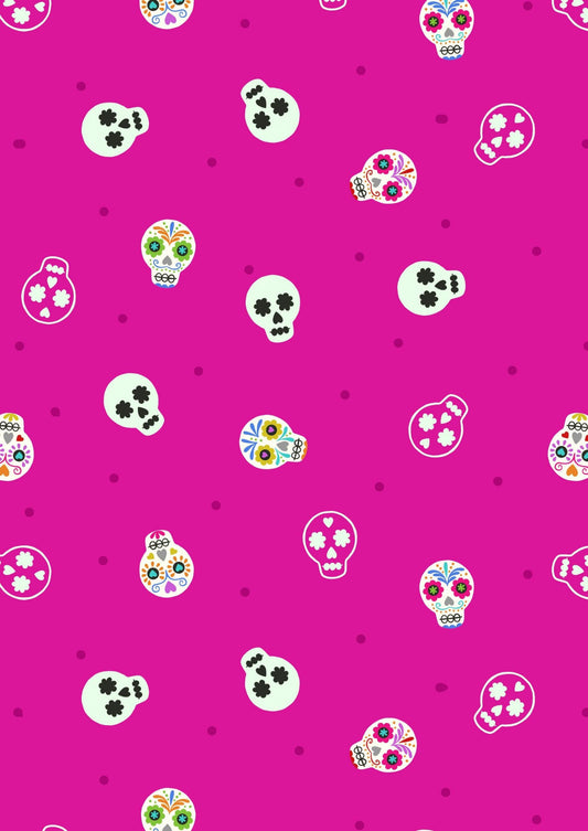 Lewis & Irene Small Things Glow Fabric Collection Glowing Sugar Skulls on Bright Pink Premium 100% Cotton Fabrics