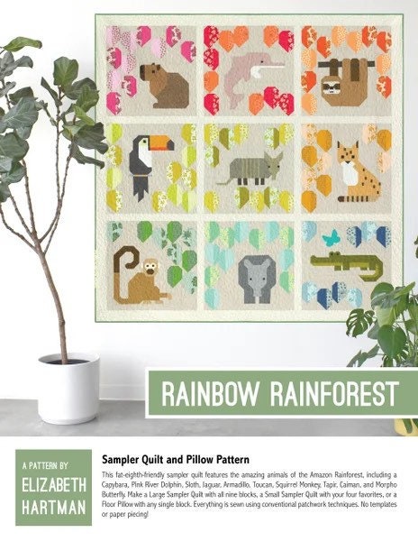 Elizabeth Hartman Rainbow Rainforest Sampler Quilt & Pillow Pattern - 2 Size Variations Per Pattern