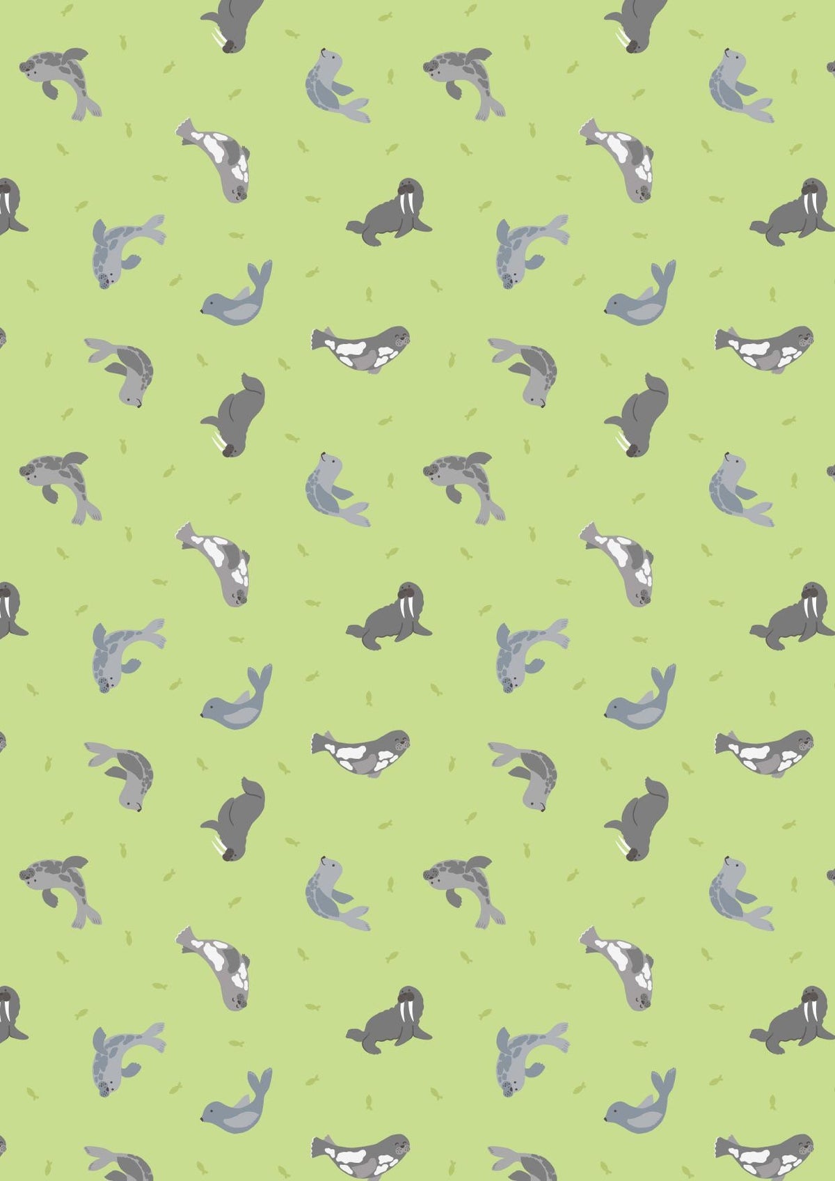 Lewis & Irene Small Things Polar Animals Fabric Collection Pearlescent Seals on Iced Lime Authentic Premium 100% Cotton Fabrics