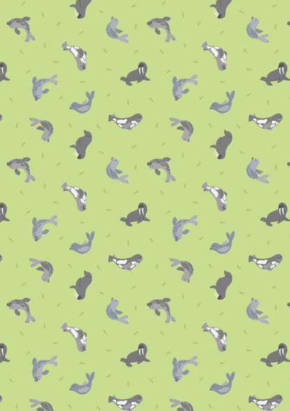 Lewis & Irene Small Things Polar Animals Fabric Collection Pearlescent Seals on Iced Lime Authentic Premium 100% Cotton Fabrics