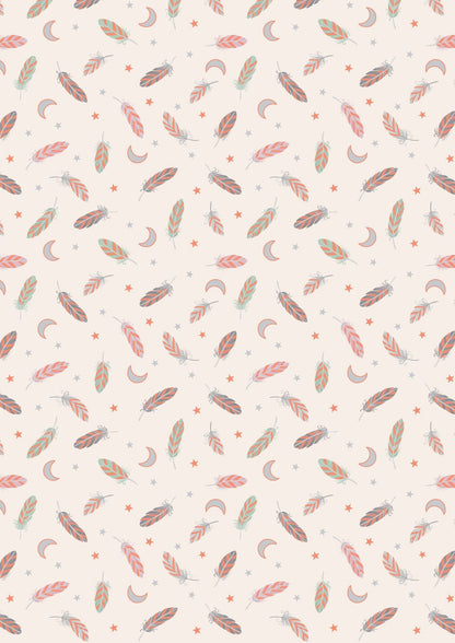 Lewis & Irene Enchanted Fabric Collection Metallic Copper Feathers and Stars on Cream A545.1