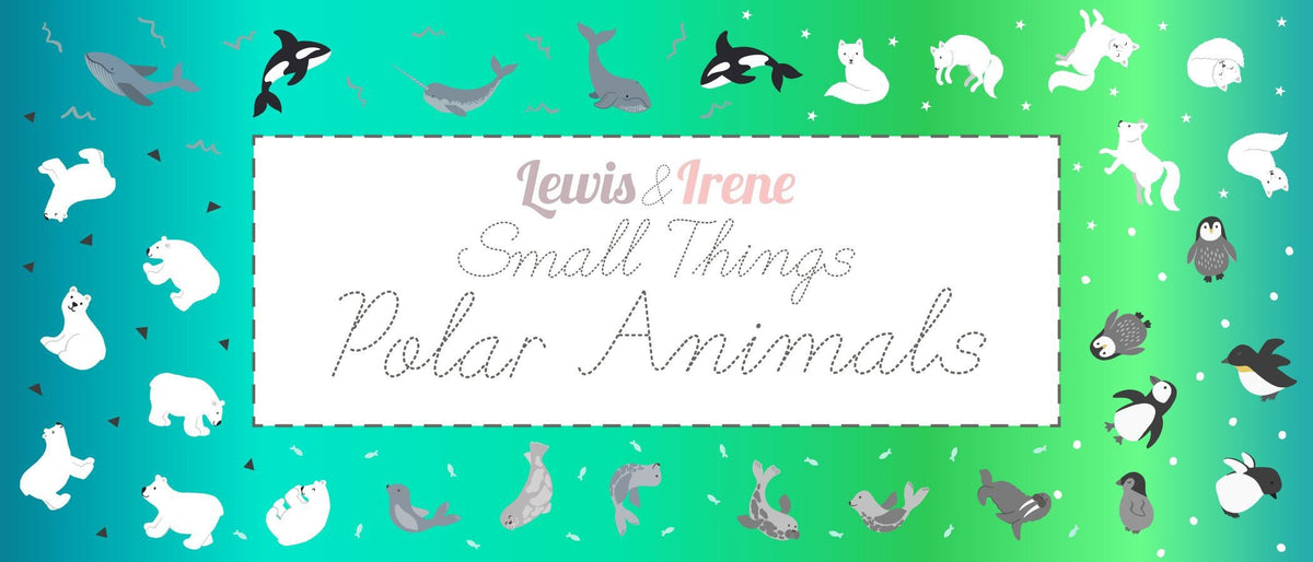 END OF BOLT 19" Lewis & Irene Small Things Polar Animals Fabric Collection Pearlescent Polar Bears on Light Denim Premium 100% Cotton Fabric
