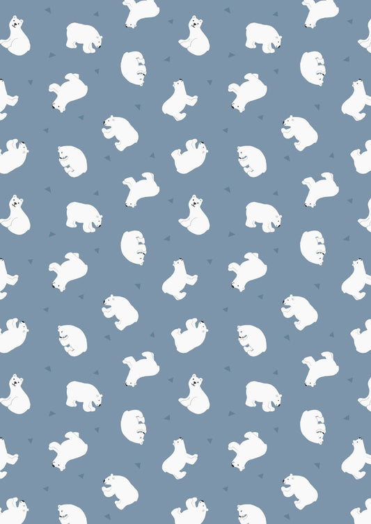 END OF BOLT 19" Lewis & Irene Small Things Polar Animals Fabric Collection Pearlescent Polar Bears on Light Denim Premium 100% Cotton Fabric