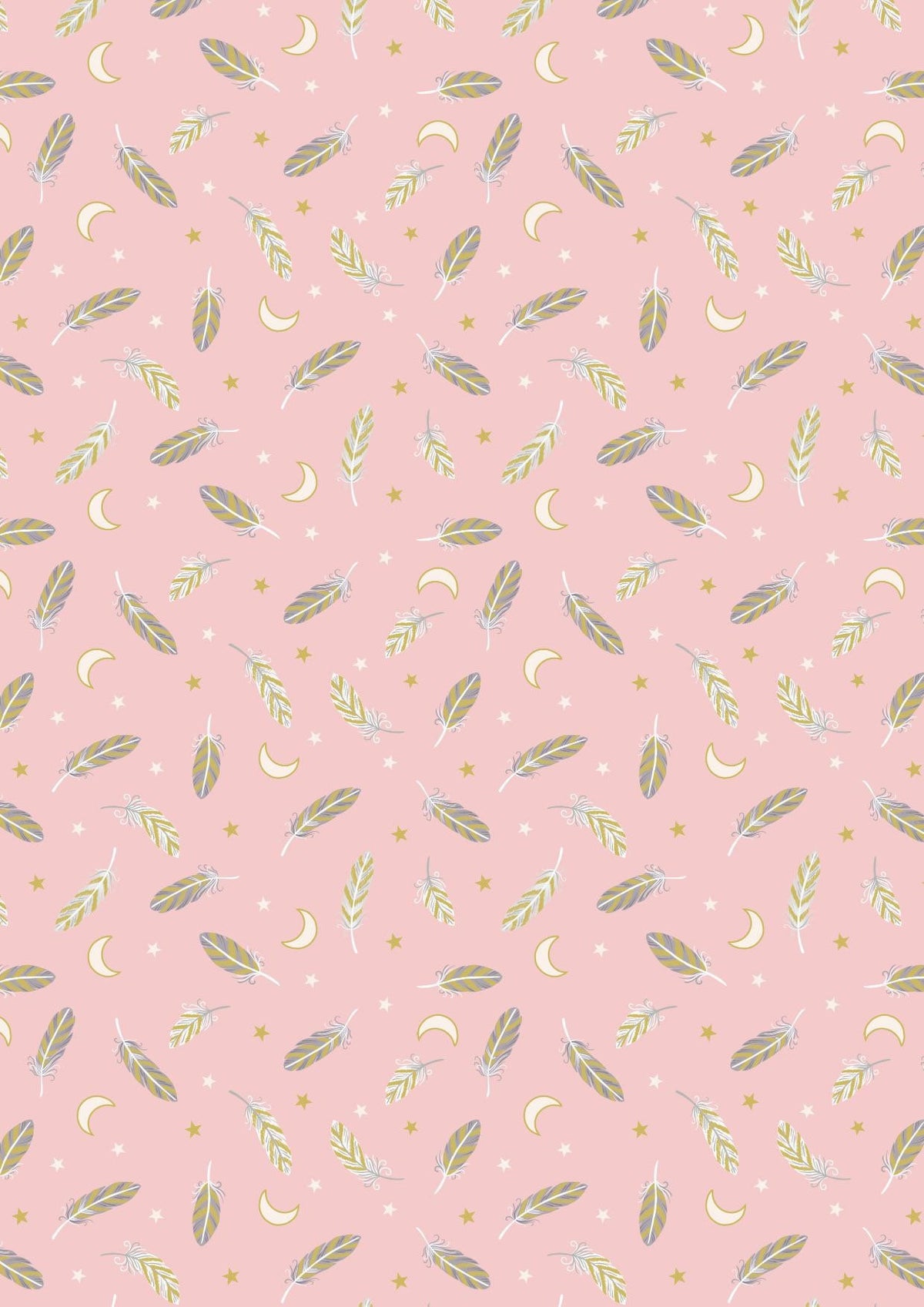 Lewis & Irene Enchanted Fabric Collection Metallic Gold Feathers and Stars on Pink A545.3