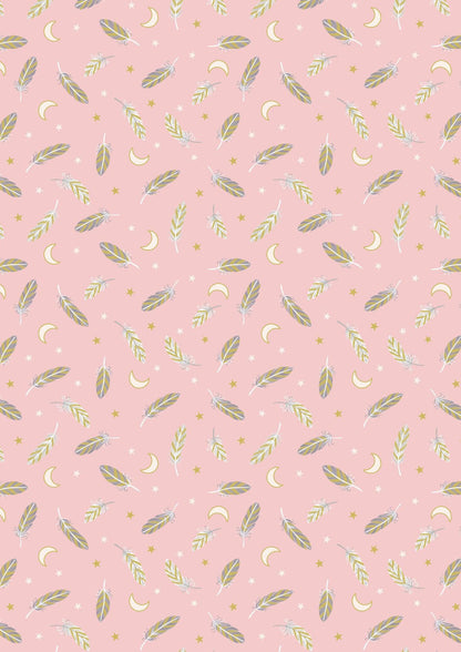 Lewis & Irene Enchanted Fabric Collection Metallic Gold Feathers and Stars on Pink A545.3