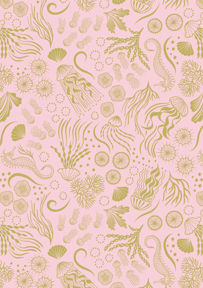 Lewis & Irene Moontide Fabric Collection Metallic Gold Jellyfish on Pink Premium 100% Cotton Quilt Shop Quality Fabrics
